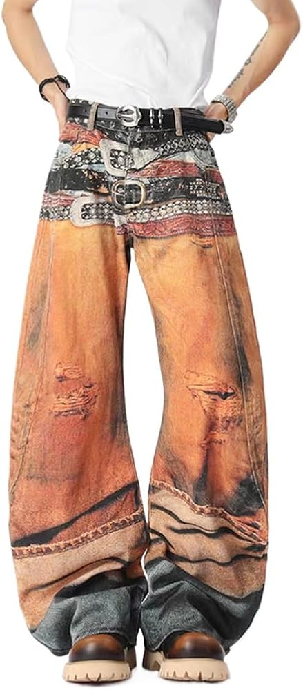 Y2k Unisex Vintage 3D Colorful Oil Multi Belt Print Baggy Jeans Hiphop Punk Grunge Ripped Loose F... | Amazon (US)