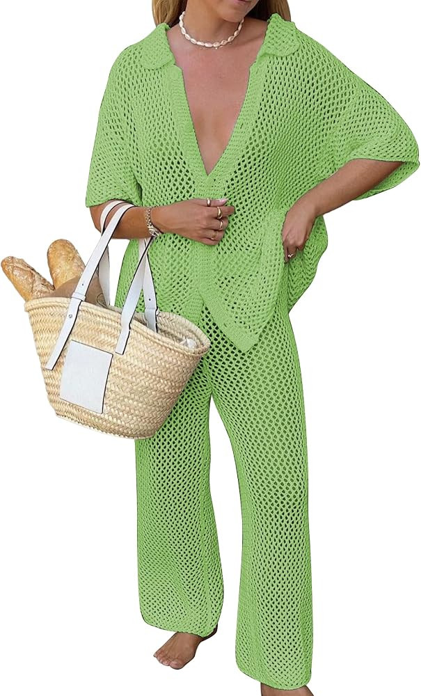 Famulily Womens Sexy Hollow Out Swimsuit Cover Up Sets Button Up Tops and Drawstring Pants 2 Piec... | Amazon (US)