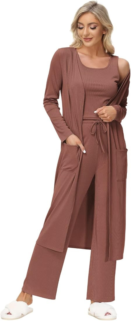 GRACE KARIN Womens 3 Piece Loungewear Set Crop Vest High Waist Pants and Long Cardigan Fall Winter P | Amazon (US)