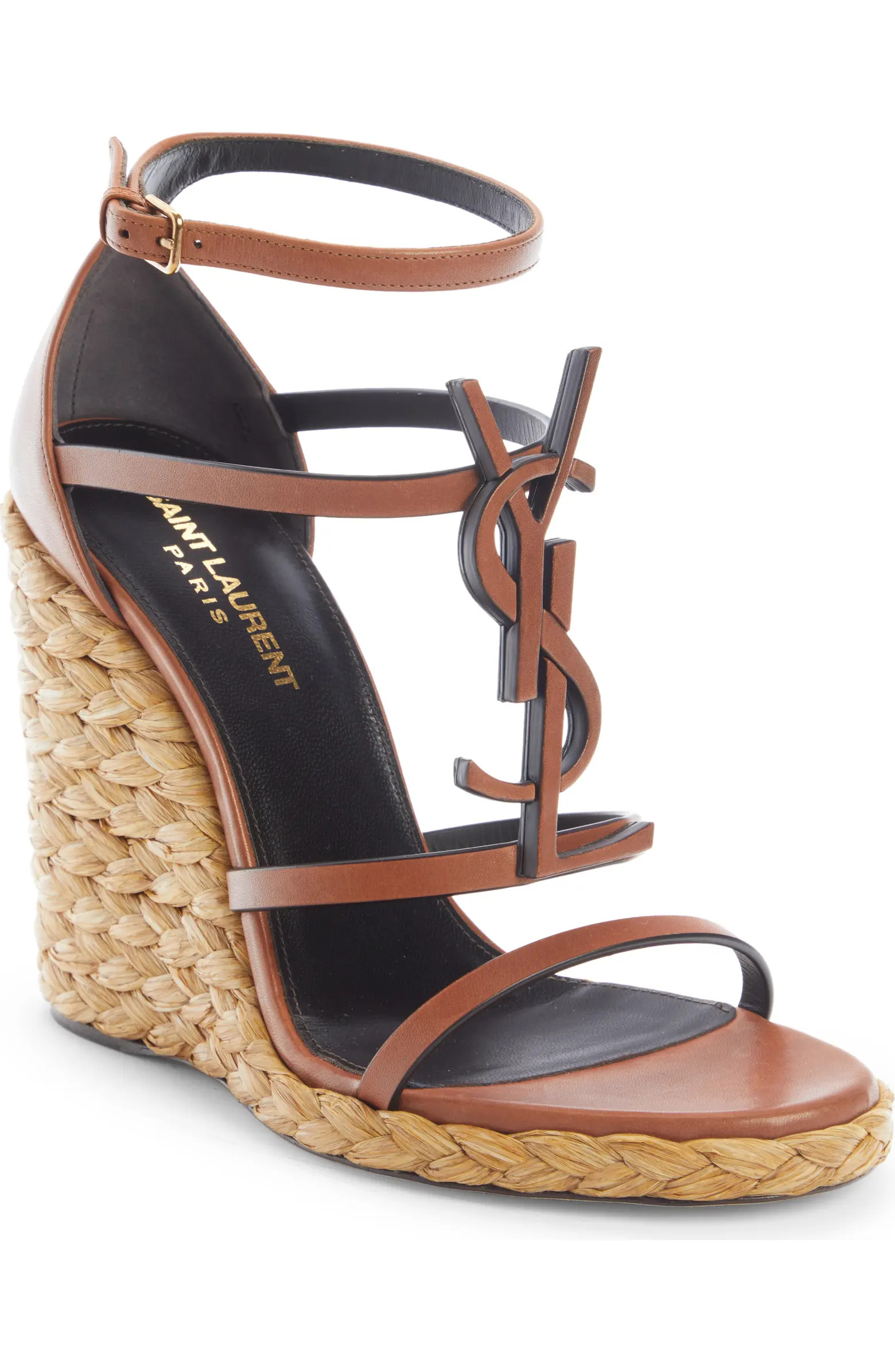 Cassandra YSL Logo Raffia Wedge Sandal (Women) | Nordstrom