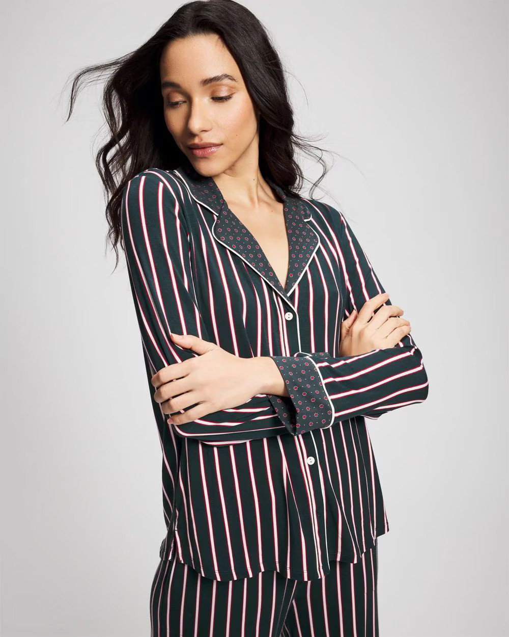 Cool Nights Long Sleeve Notch Collar with Piped Placket Pajama Top | Soma | SOMA