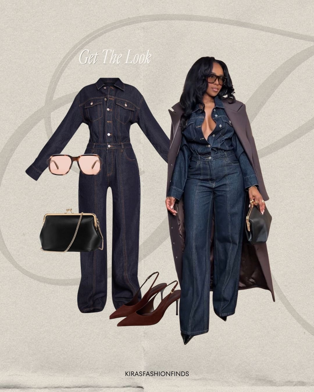 Clean lines, structured denim, and rich brown layers — this jumpsuit-and-coat combo is the perfect elevated casual look. Effortless, flattering, and pulled together with timeless accessories.

Perfect for brunch, daytime outings, and casual winter dinners.

📏 Sizing: Jumpsuit size Small; Coat size Small  
📐 Measurements: 5'4", 138 lbs, 34D bust, 27" waist, 40" hips  

Favorite to revisit later — this jumpsuit is a must-have.

Featuring dark denim jumpsuits, long tailored coats, brown accessories, classic winter neutrals, and chic everyday styling.

Follow me on Instagram and YouTube @kirasfashionfinds  