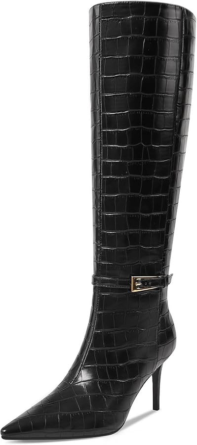 Knee High Boots Women Stiletto High Heel 3.3in, Side Zipper Pointed Toe Metal Buckle Tall Boots D... | Amazon (US)