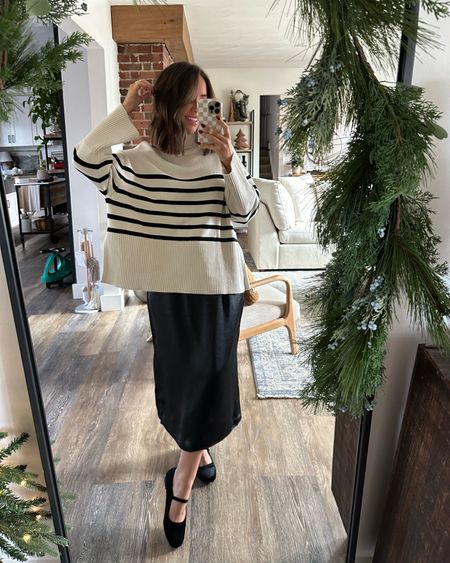 This striped sweater paired with this satin skirt!! Instantly dresses it up and I love how comfy this skirt is. Runs TTS, I’m in the medium!

Gap, gap partner, how you wear gap, holiday style, Mary Jane flats, ballet flats, striped sweater, holiday outfit inspo, Thanksgiving day outfit 

#LTKfindsunder100 #LTKstyletip #LTKHoliday
