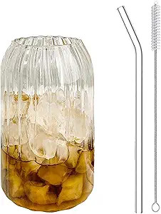 Maritown Ribbed Glassware Drinking Glasses with Straws, 25oz Ripple Glass Cups, Iced Coffee Glass... | Amazon (US)
