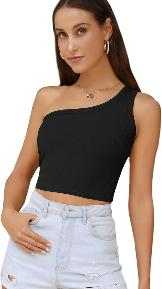 Verdusa Women's Sexy One Shoulder Sleeveless Ribbed Crop Top | Amazon (US)