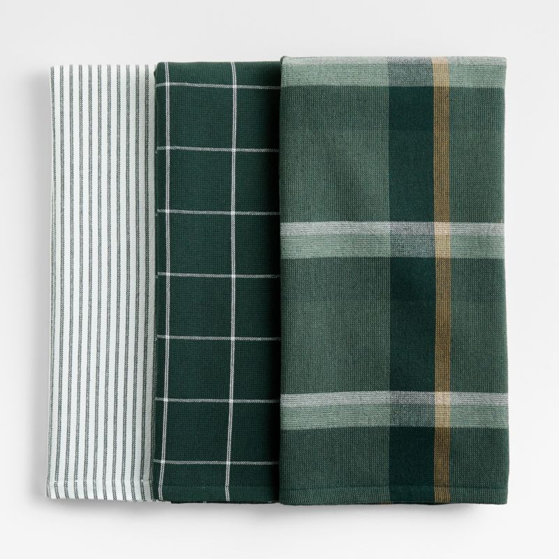 Holiday Green Plaid and Stripe Organic Cotton Kitchen Towels, Set of 3 | Crate & Barrel | Crate & Barrel