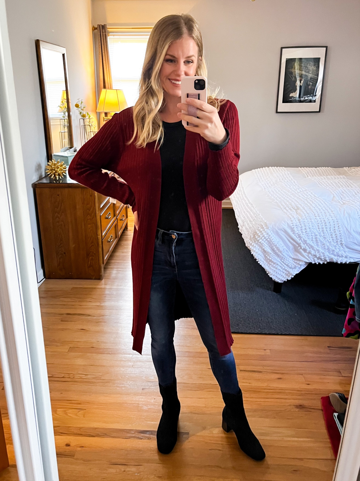 Posted this cardigan before in the tan color, love it just as much in the maroon! Perfect length and only 

#LTKHoliday #LTKunder50 #LTKworkwear