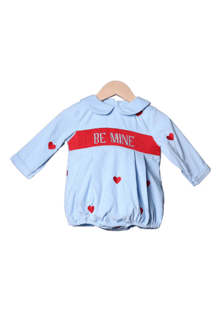 Smocked Be Mine Embroidered Heart Blue Corduroy Bubble | The Smocked Flamingo