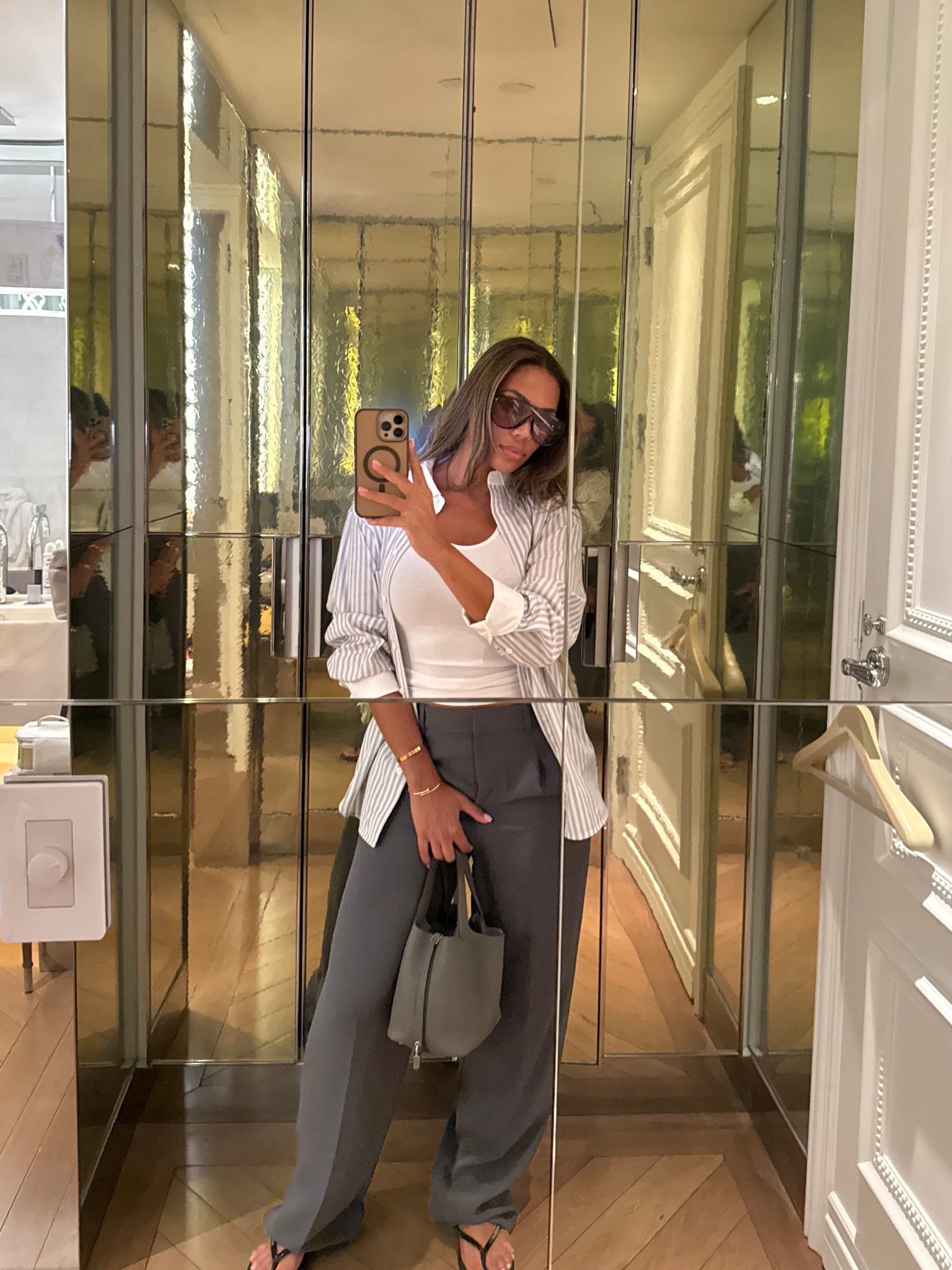 Tall grey pants + I’m wearing a size 8 in the tall length.