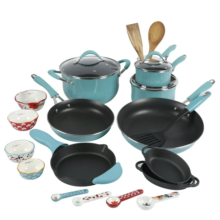 The Pioneer Woman Frontier Speckle 24-Piece Nonstick Cookware Set with Soft Grip Handles, Turquoi... | Walmart (US)