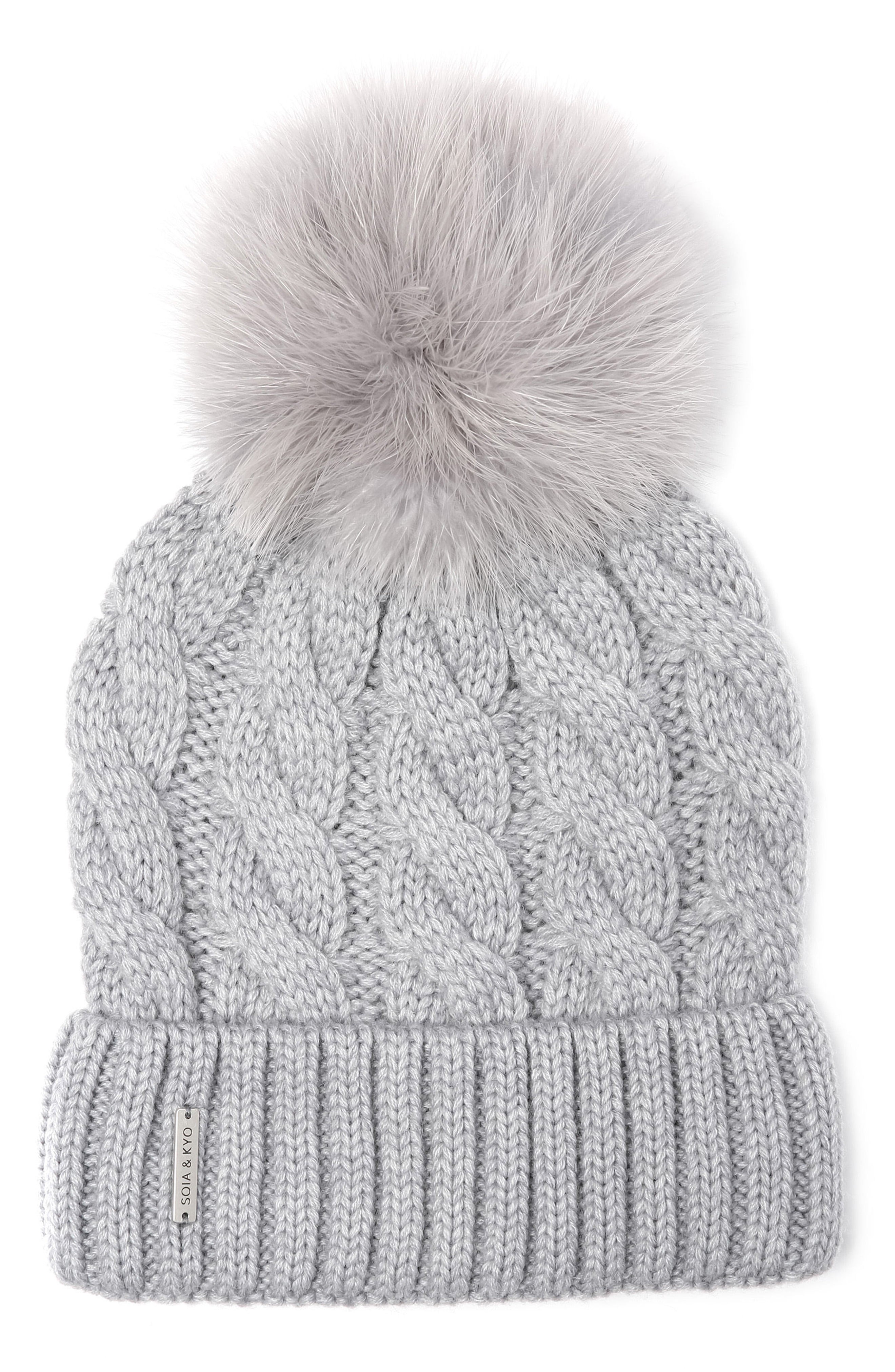 Cable Knit Beanie with Removable Feather Pompom | Nordstrom