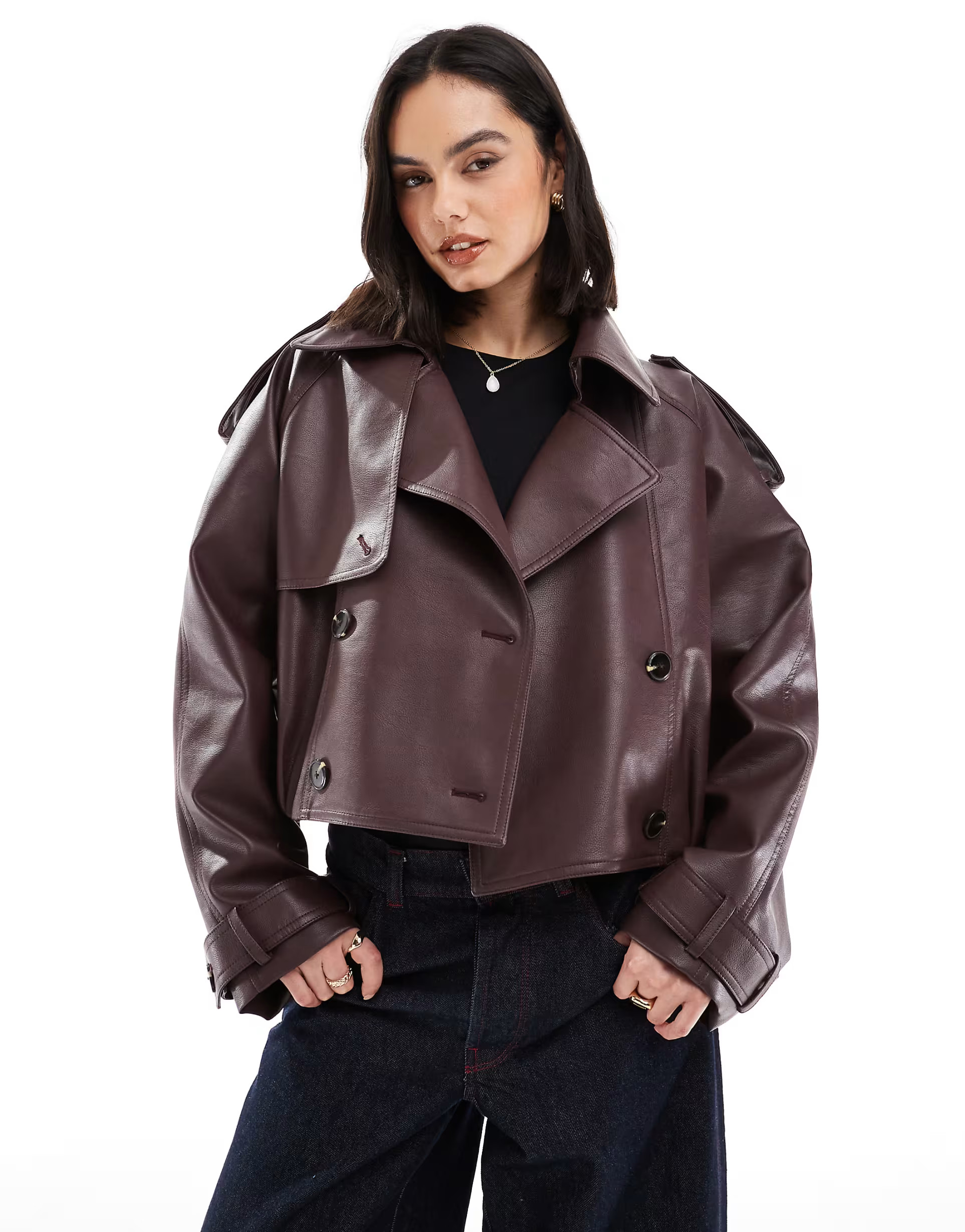 ASOS DESIGN leather look bomber trench coat in chocolate | ASOS | ASOS (Global)