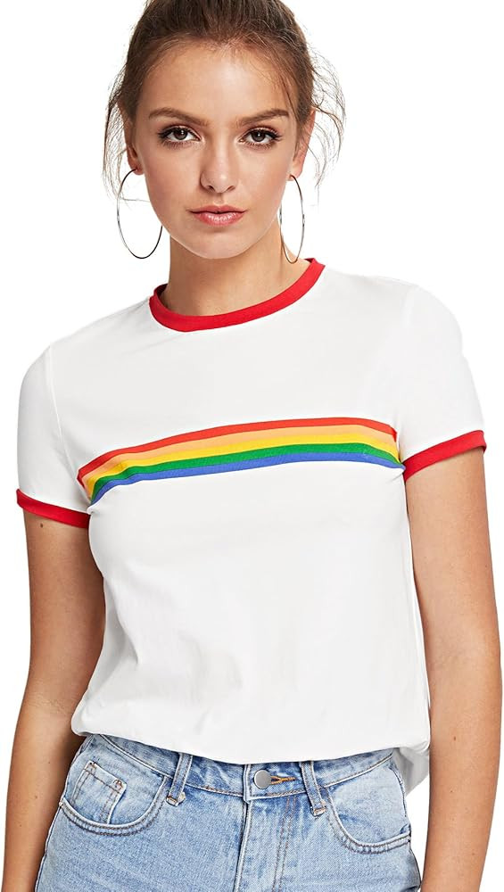 Romwe Women's Slim Fit Short Sleeve Rainbow Striped Colorblock Print Ringer Tee | Amazon (US)