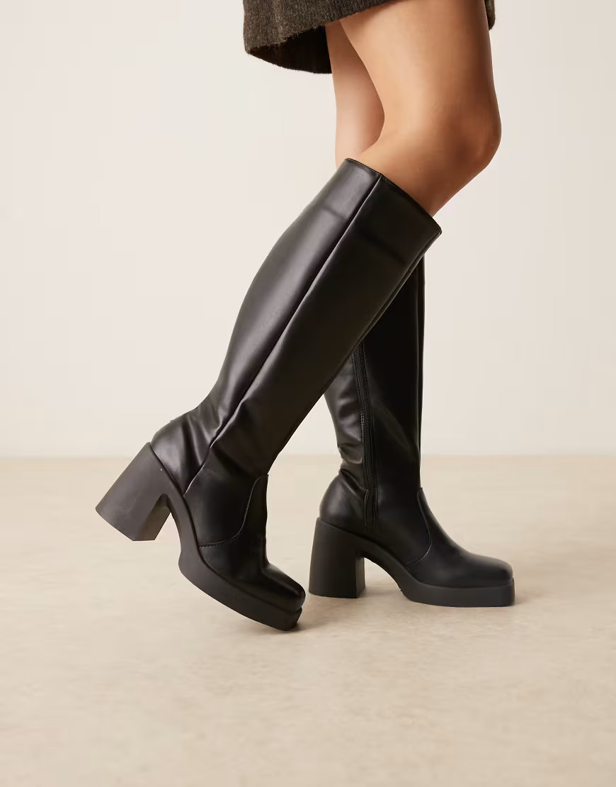 ASOS DESIGN Coraline square toe heeled knee boots in black pu | ASOS (Global)