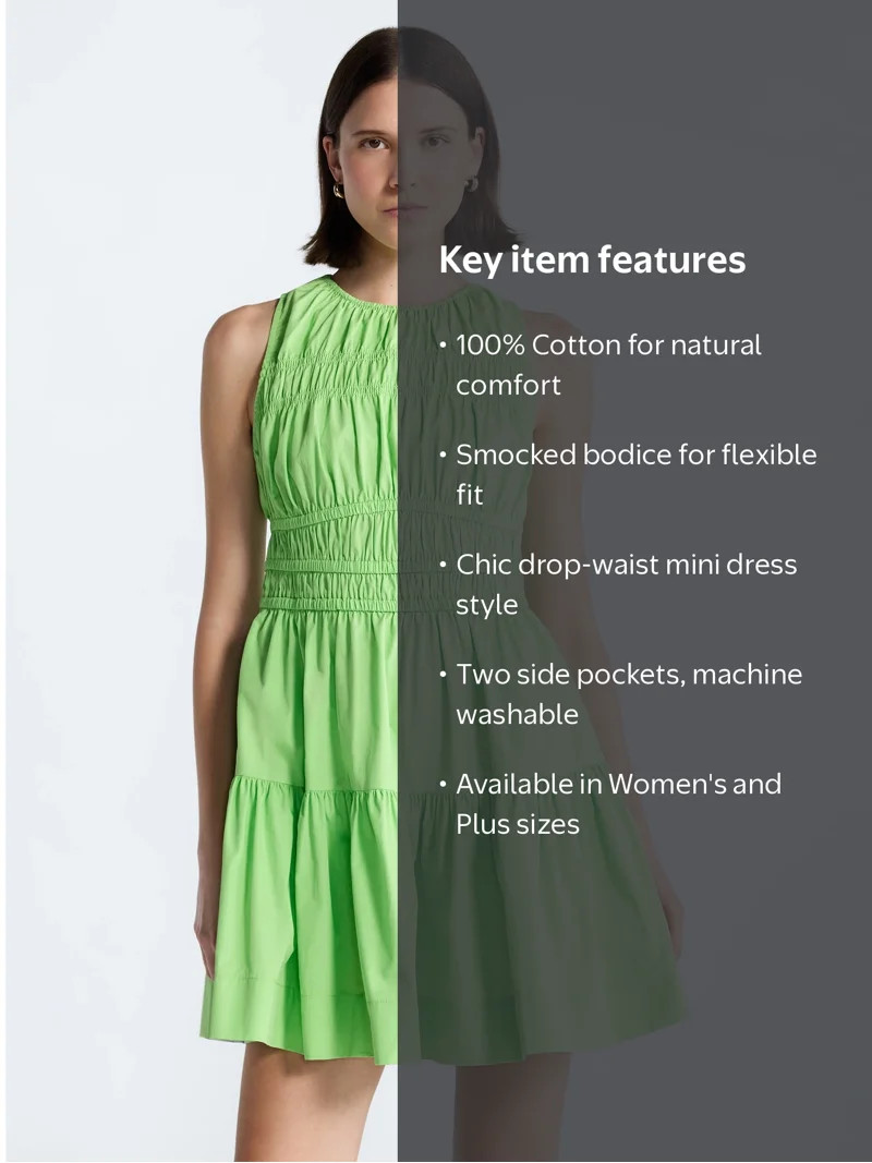Free Assembly Women's and Women's Plus Smocked Cotton Drop Waist Mini Dress, Sizes XS-4X | Walmart (US)