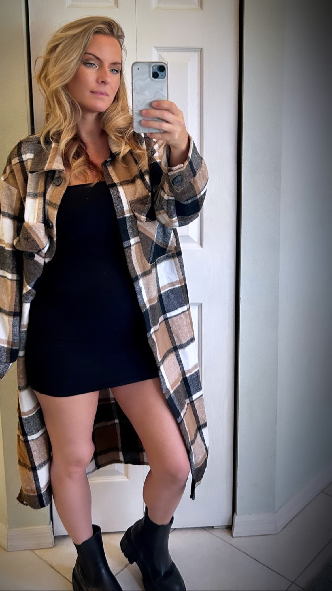 Fall outfit. Flannel outfit. Black dress. Black boots. 

#LTKfindsunder50 #LTKshoecrush #LTKSeasonal