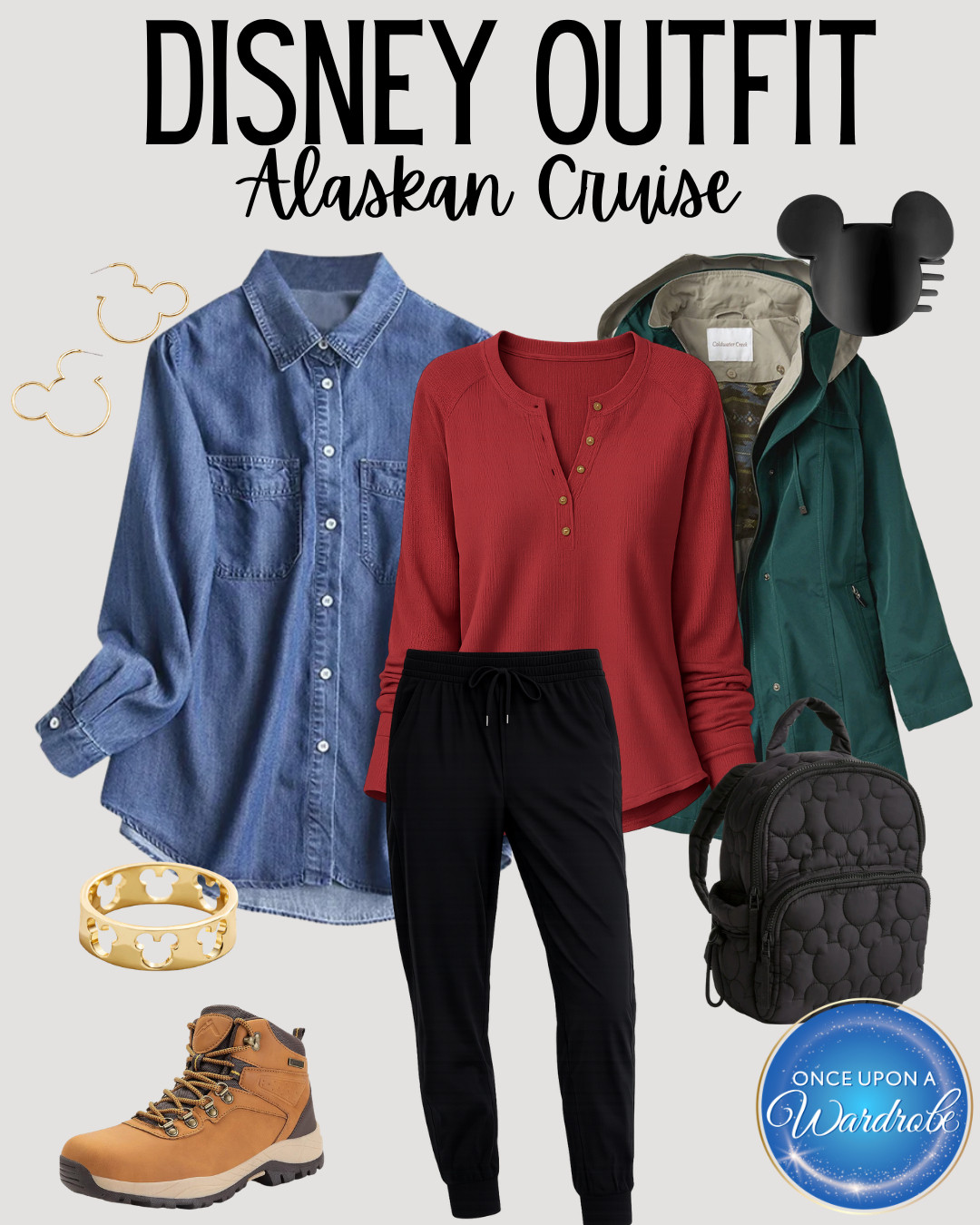 Disney Alaskan cruise outfit idea for those chilly port days and glacier views 🏔️ This layered cruise look mixes a red henley, black joggers, denim button-up, waterproof jacket, hiking boots, and easy Disney accessories for a comfy Alaska cruise outfit that still feels park-day cute. Perfect for packing for a Disney Cruise Line Alaska itinerary! 

 #LTKootd #LTKSeasonal #LTKTravel