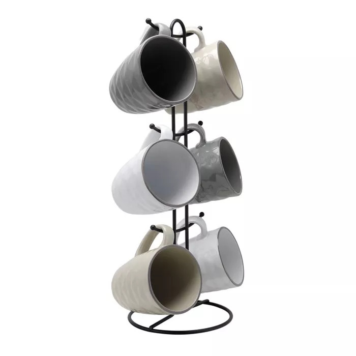 12oz 6pk Stoneware Multi-Diamond Mug Set with Stand Gray - Elama | Target