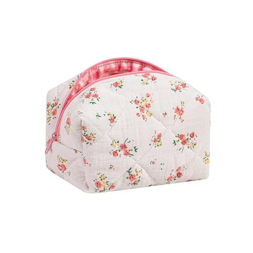 Cute Small Floral Cotton Makeup Bag, Quilted Zipper Pouch with Coquette Bear for Women and Girls, Kawaii Travel Cosmetic Bags for Purse(07Yellow and Pink Flower) | Amazon (US)