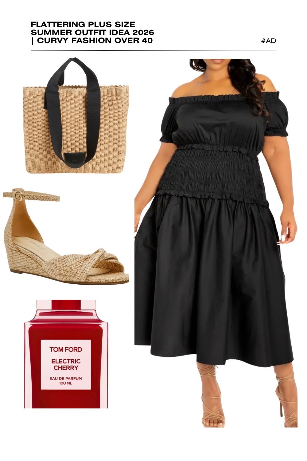 Elevate your seasonal wardrobe with this chic black plus size summer outfit idea for 2026! This flattering off-the-shoulder maxi dress is a must-have for curvy fashion over 40, featuring a wide smocked waist for a defined hourglass shape and a breezy tiered skirt. This versatile piece is the perfect base for a summer date night, an upscale vacation dinner, or an elegant garden party.
We’ve styled this sophisticated black sun dress with a textured straw tote bag featuring black webbing straps and neutral raffia ankle-strap wedge sandals. The look is finished with the bold, viral scent of Tom Ford Electric Cherry for a pop of luxury. Discover how to wear black for summer with elevated, natural accessories. #PlusSizeFashion #BlackMaxiDress #SummerOutfits2026 #TomFordElectricCherry #CurvyStyle #SmockedDress #SummerNoir