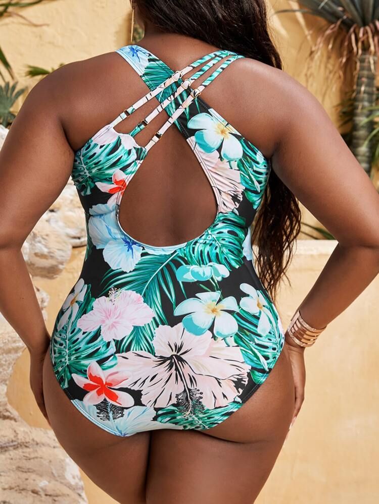 Plus Tropical Print Zipper Crisscross Back One Piece Swimsuit | SHEIN