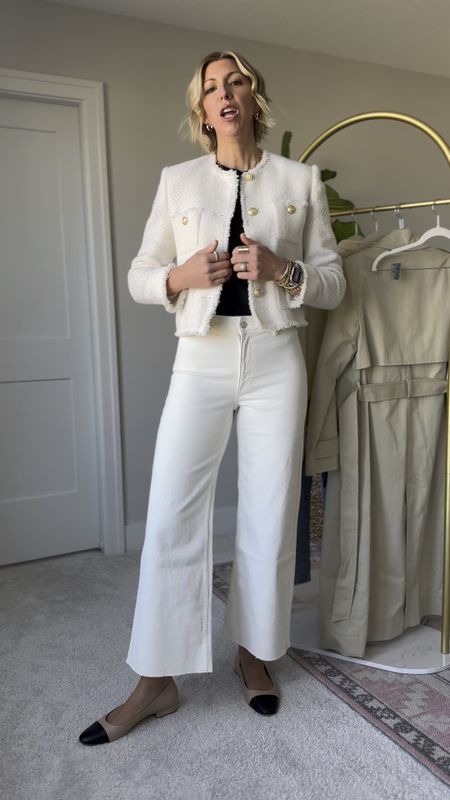 Spring staples from Mango!
White cropped jeans, lady jacket 

I’m wearing a size 6 in the jeans - I’m 5’10” for height reference 
and a size medium in the lady jacket (size up if your between sizes) 

#LTKstyletip #LTKover40 #LTKVideo