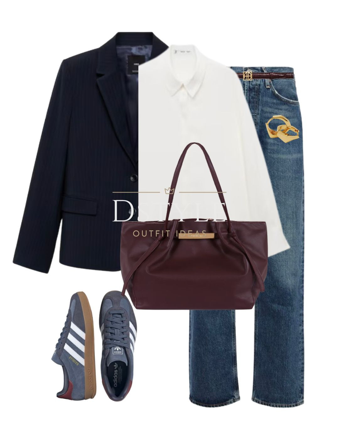 Dark navy pinstripe suit blazer, off-white fluid long-sleeved shirt, straight jeans, burgundy belt, Paris64 bordeaux bag, Adidas Gazelle Indoor navy sneakers. 

 #LTKStyleTip #LTKWorkwear #LTKShoeCrush