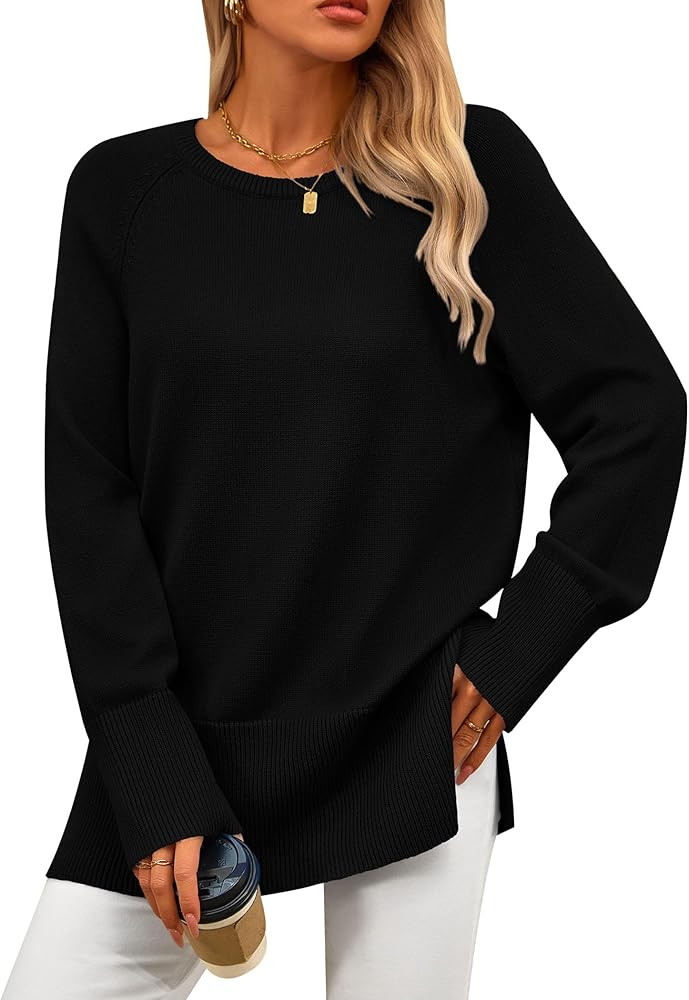 PRETTYGARDEN Women's Fall Knit Sweaters Long Sleeve Pullover Crewneck Split Hem Loose Oversized T... | Amazon (US)