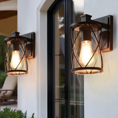 Modern 1-Light Black Outdoor Sconce Light Cylinder Wall Sconce (Set of 2) | Wayfair North America