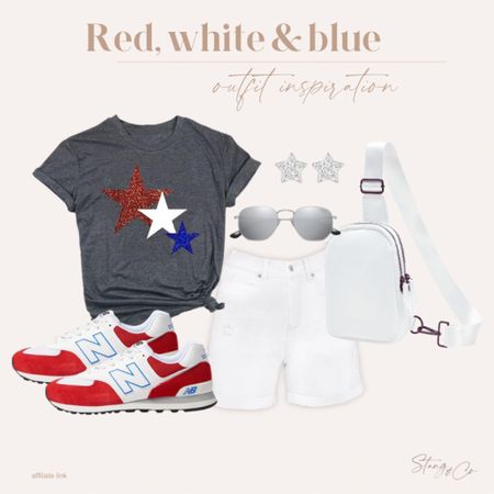 This red, white and blue outfit inspiration includes a star graphic tee paired with white shorts, red, white and blue New Balance sneakers, a white sling bag, star earrings, and aviator sunglasses. 

Summer outfit, patriotic outfit, beach outfit 

#LTKfindsunder50 #LTKstyletip #LTKshoecrush
