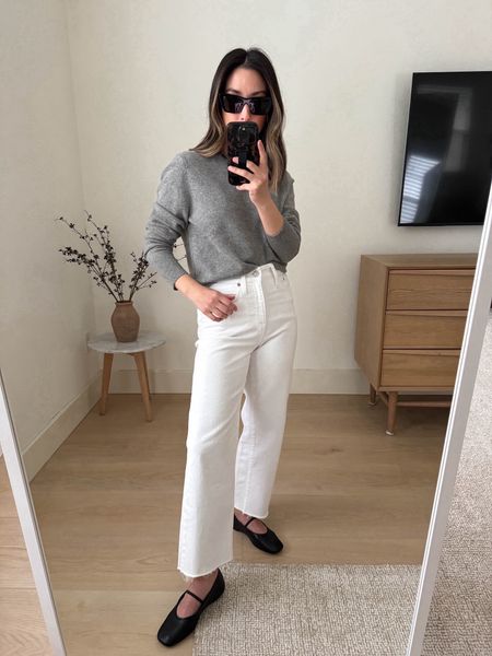 J.crew classic cashmere sweater. More straight up and down. Sized up to a small. So so classic and I love the gray!

J.crew sweater small
J.crew jeans 24 petite
Everlane flats 5
YSL sunglasses  

#LTKshoecrush