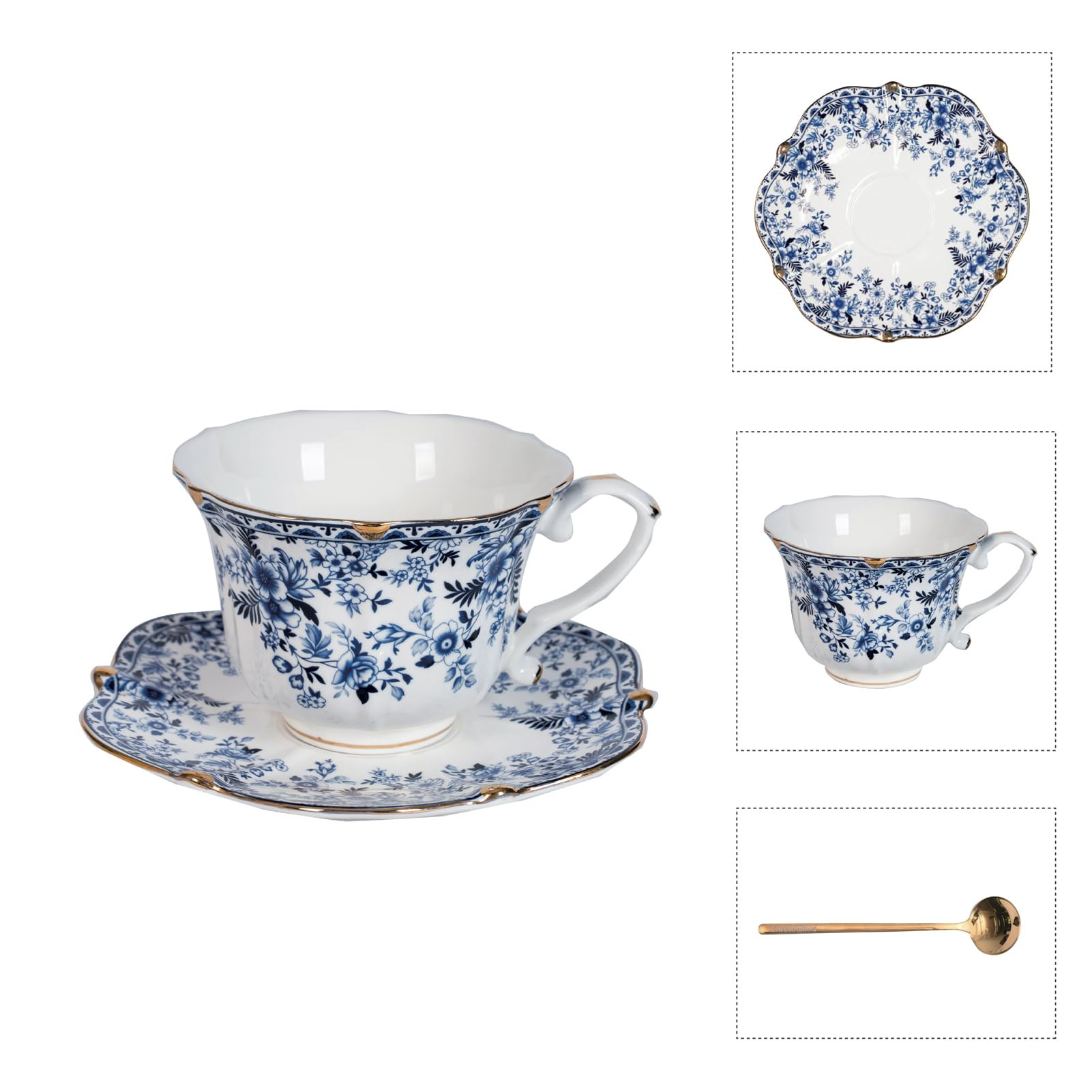 Vintage Floral Porcelain Tea Cup and Saucer Set with Gold Trim, Spoon, Espresso, Coffee, Gift Box... | Amazon (US)