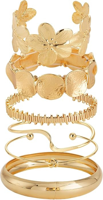 Mantveil 6PCS Chunky Gold Bangle Bracelets for Women, Dainty Gold Plated Cuff Bracelets, Boho Sta... | Amazon (US)