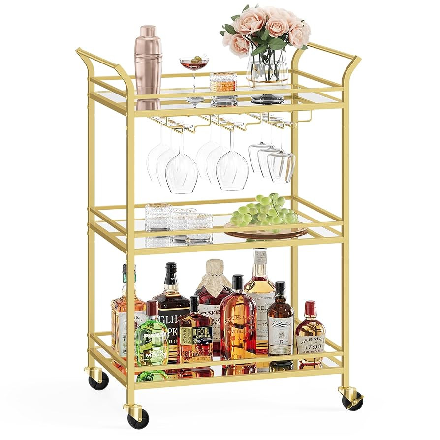 VASAGLE Bar Cart Gold, Small Home Bar Serving Cart with 3-Tier Mirrored Shelf, Wine Holders, Glas... | Amazon (US)