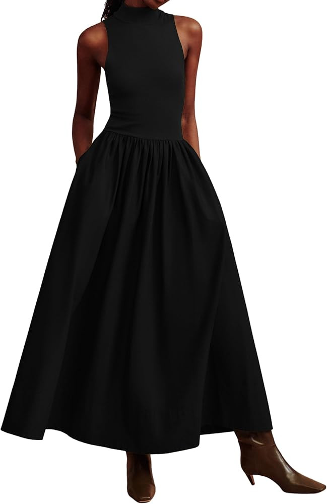 Women Turtleneck Maxi Dress Elegant Patchwork Sleeveless Pullover Long Dresses Casual Fashion Flo... | Amazon (US)