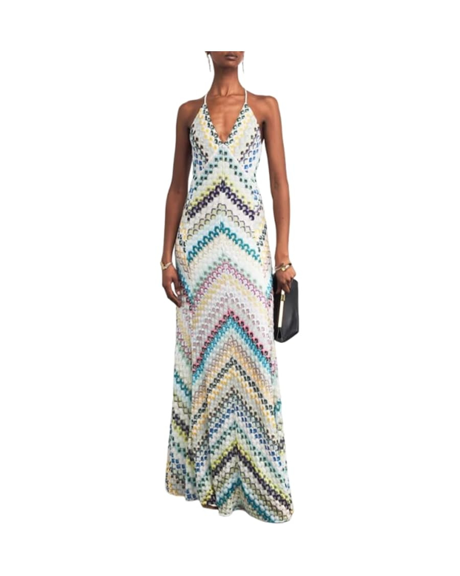 Women's Crochet Maxi Dress Retro Multicolor Knit Halter V Neck Sleeveless Bodycon Long Dress Bohe... | Amazon (US)