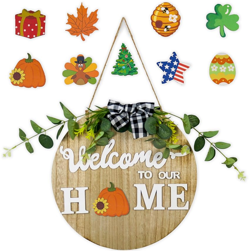 Interchangeable Seasonal Welcome Sign Front Door Decoration, Rustic Round Wood Wreaths Wall Hanging  | Amazon (US)