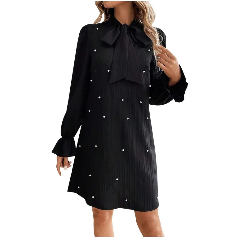 Uaswgudfs Women's Long Sleeve Midi Dress for Summer: Decorative Bow Neckline, Pearl-Embellished P... | Walmart (US)