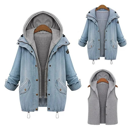 Fashion Womens Autumn Winter Warm Collar Hooded Denim Jacket Trench Parka Outwear Casual Shirt | Walmart (US)