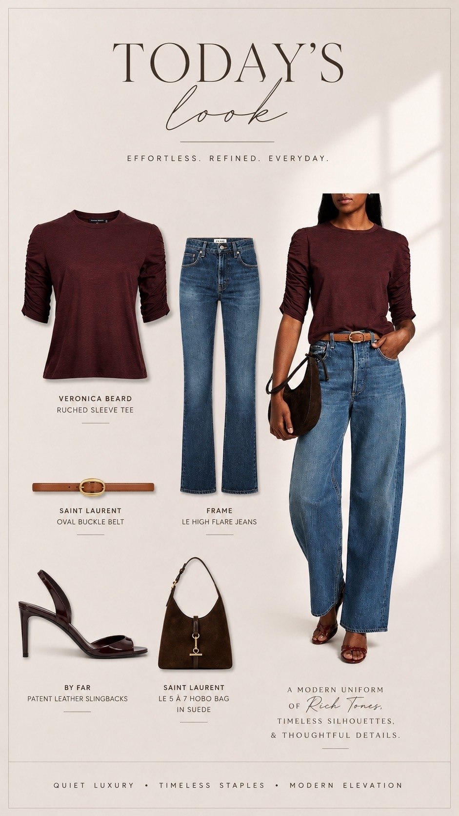 Effortless, refined, everyday style @Saks Fifth Avenue 🤎 This look is the perfect transition into fall with rich chocolate brown, timeless denim and elevated accessories that make simple staples feel instantly polished.

A quiet luxury outfit built around a ruched sleeve top, flattering flare jeans, classic leather accessories and sleek slingback heels. These are timeless fall fashion staples you’ll reach for all season long. #Saks #sakspartner
