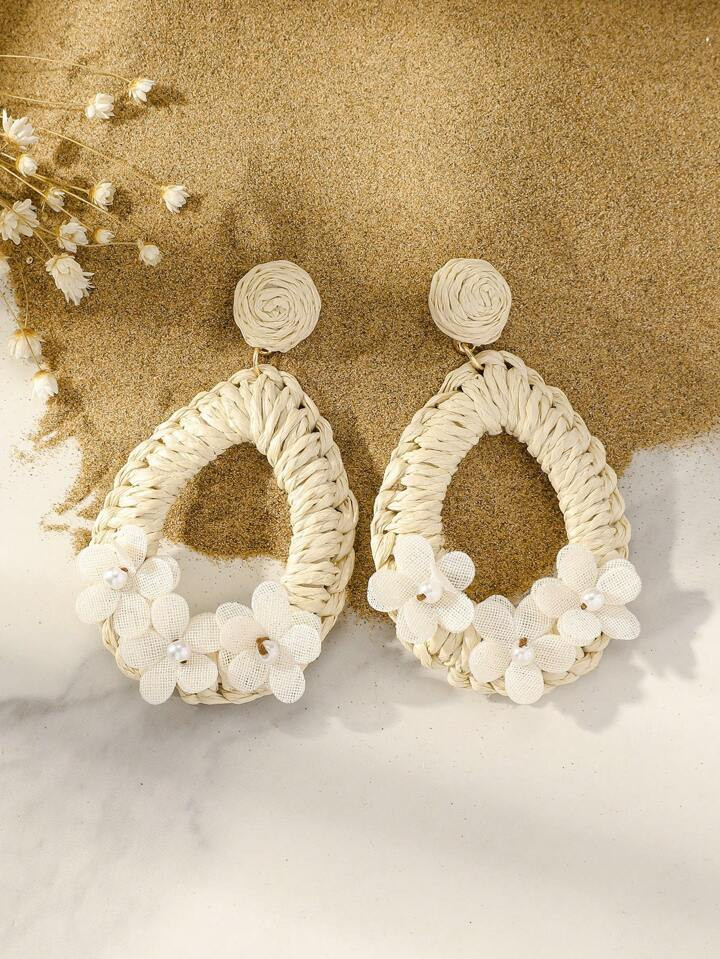 1pair Bohemian Beach Style Raffia Braided Earrings With Butterfly Decor For Women'S Daily, Vacati... | SHEIN