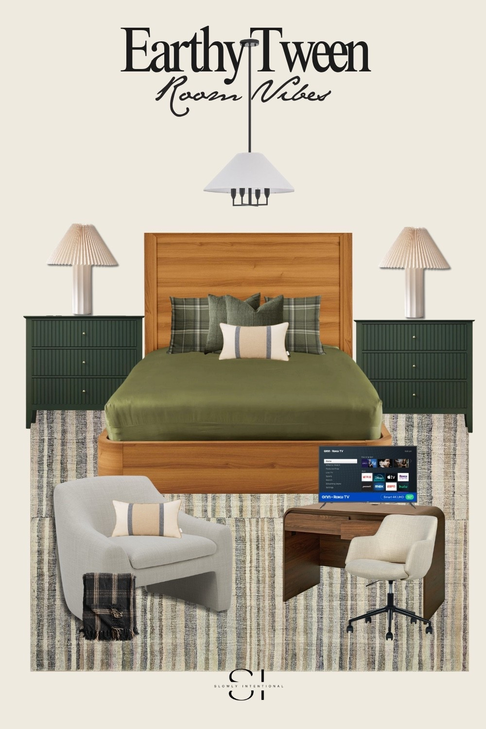 This cozy and functional boys’ bedroom blends rich olive green, warm wood tones, and subtle masculine details for a space that grows with him. The plaid pillows, olive green bedding, and ribbed nightstands offer texture and color without feeling trendy. A clean-lined desk setup with a comfy rolling chair and a woven accent chair creates zones for focus and lounging. The striped neutral rug ties everything together, grounding the room with soft, earthy tones.

Perfect for a tween or teen boy who needs style and screen time.

🛏️ Tip: This room is gender-neutral enough to grow with your child—just swap out textiles as he grows!

⸻

boys bedroom | olive green bedding | plaid pillows | tween boy room | cozy teen bedroom | masculine bedroom design | green nightstand | boys desk chair | ribbed dresser | striped rug | modern rustic style | earthy bedroom | organized boys room | functional boys bedroom | neutral boy room


#LTKHome