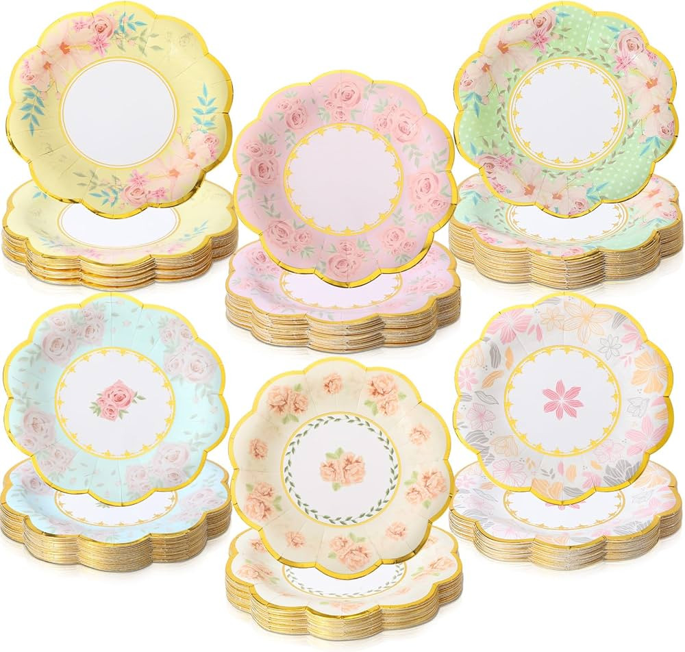 Maxcheck 120 Pcs Floral Paper Plates Flower Plates with Gold Rim Disposable Plates for Tea Party ... | Amazon (US)