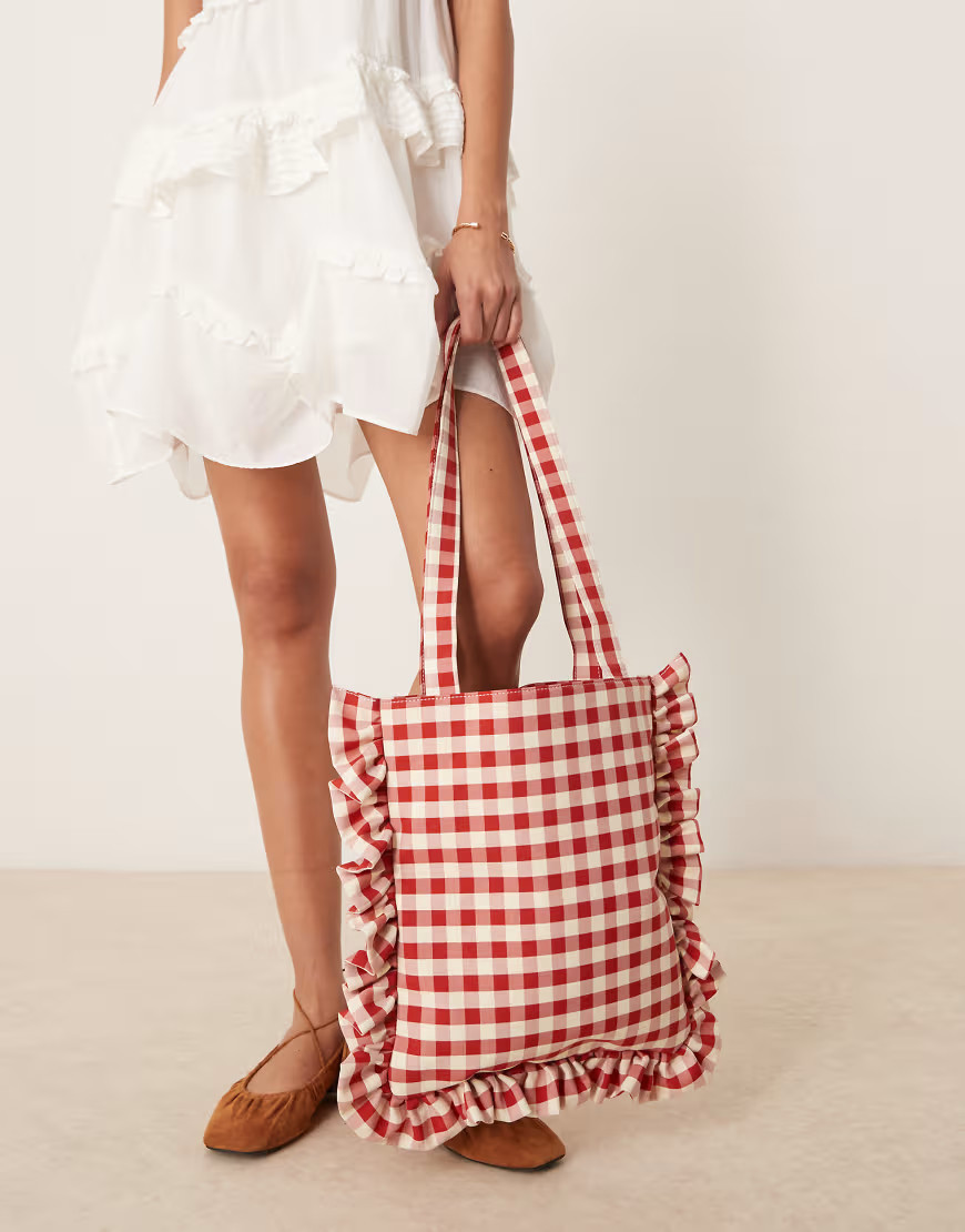 My Accessories ruffle gingham tote bag in red and white | ASOS (Global)