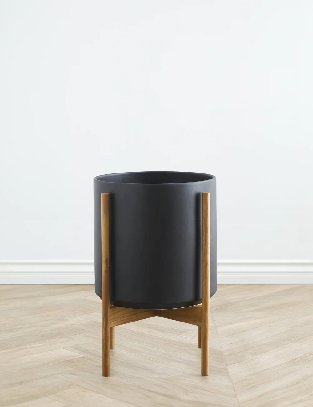 Ceramic Planter Pot + Teak Stand by LBE Design, Black, 12" Diameter | Lulu and Georgia 