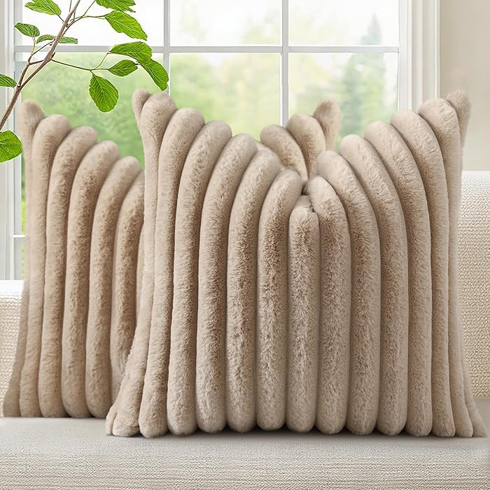 decorUhome Faux Fur Spring Throw Pillow Covers 18x18 Set of 2, Decorative Soft Plush Striped Neut... | Amazon (US)