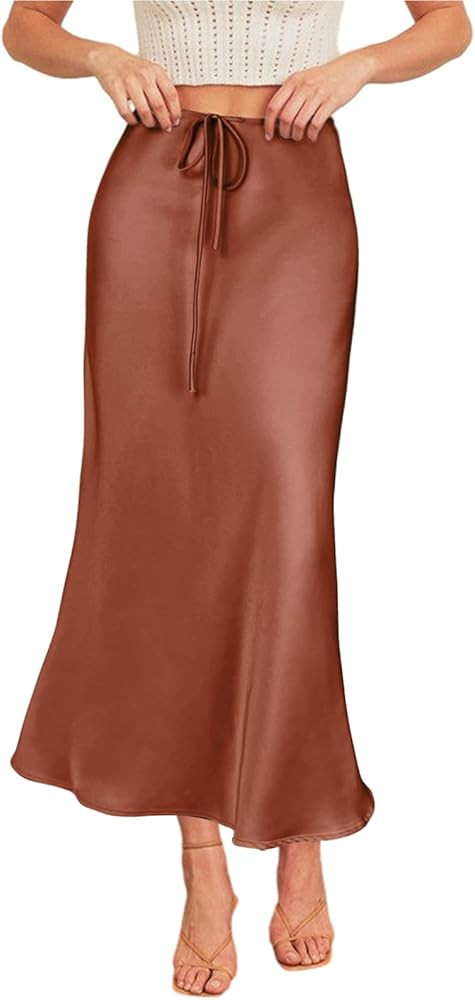 Women's Drawstring Satin Maxi Skirt High Waist Silk A Line Flowy Long Skirts | Amazon (US)