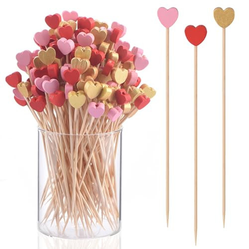 JtmyAota 100 Pack Heart-Shaped Bamboo Cocktail Picks, 4.7" Heart Toothpicks for Appetizers, Natural Bamboo Food Picks for Valentines Wedding Birthday Party Decoration | Amazon (US)