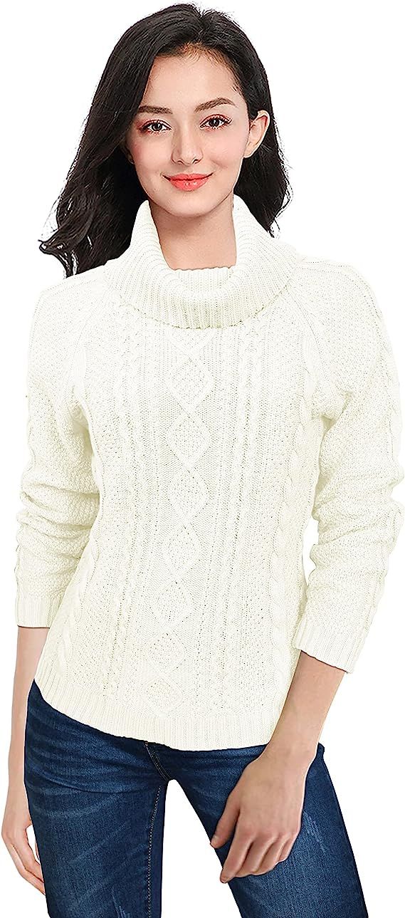 v28 Women's Pure 100% Cotton Korean Long Cowl Neck Cowlneck Cable Knit Sweater | Amazon (US)